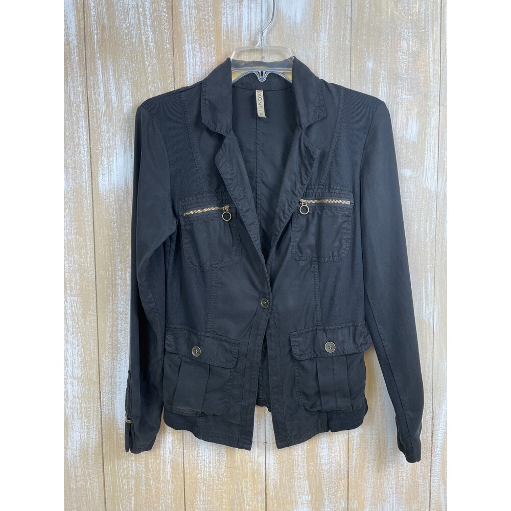 XCVI Black Jacket Light Weight Stretch Panels Size XS Cargo Button Pockets Cord
